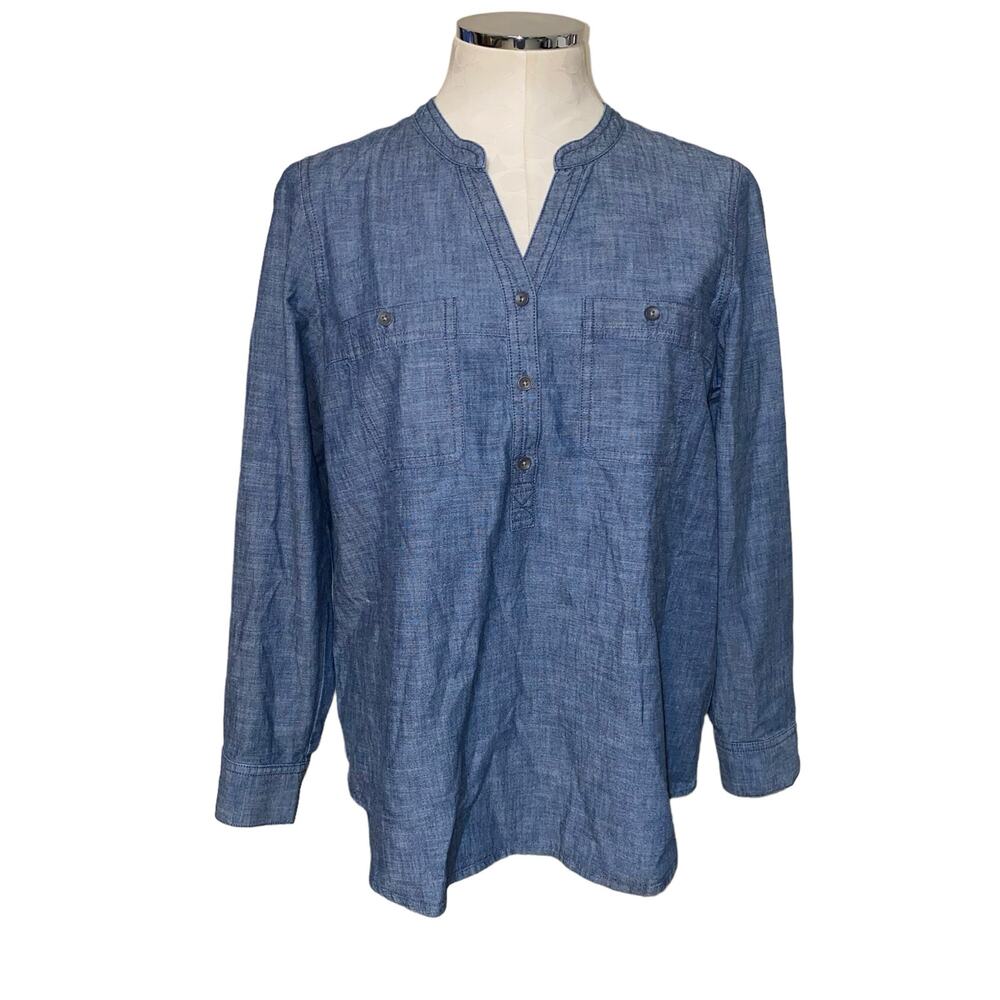 J. Jill Blue Chambray Denim Long Sleeve Tunic Top Size M Petite